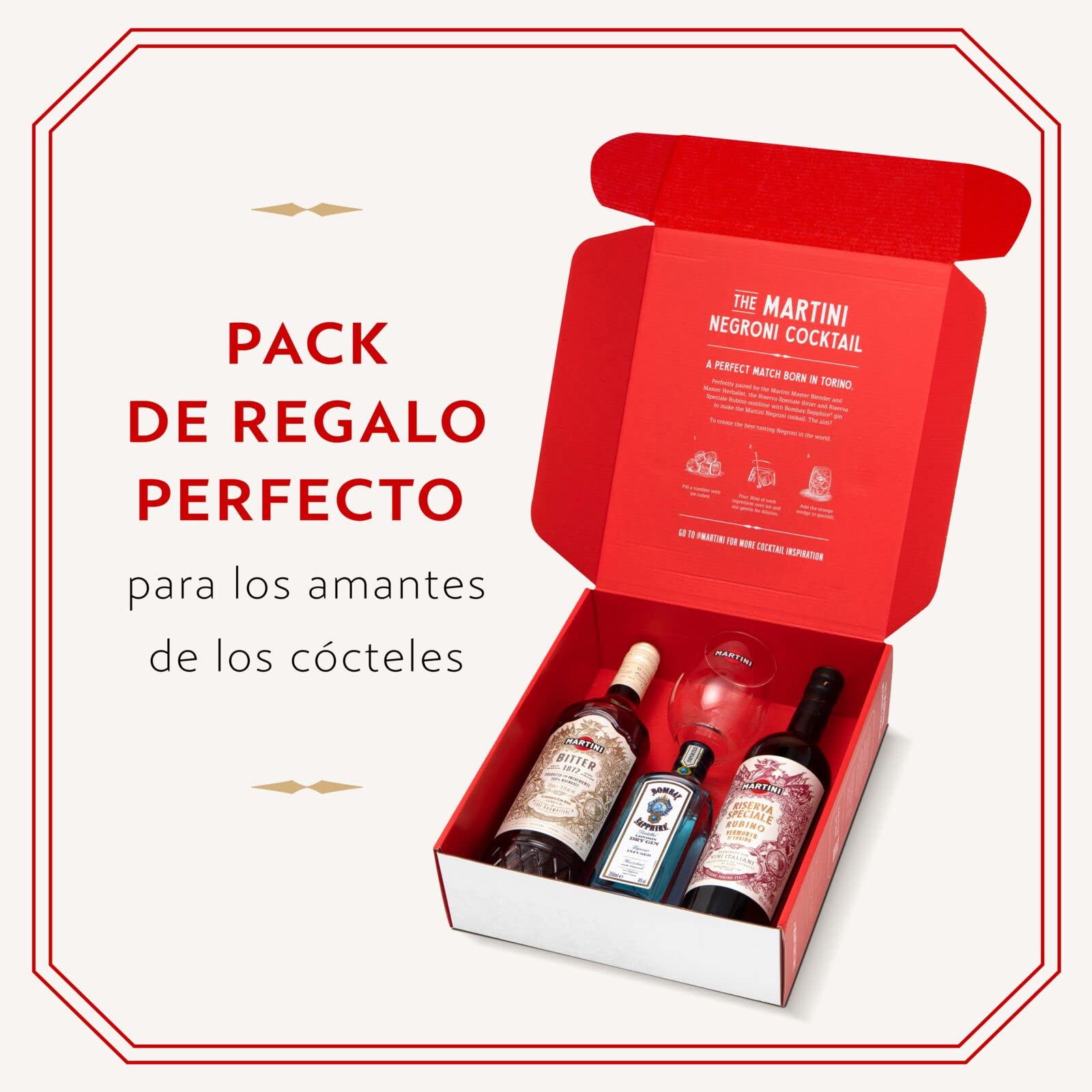 Martini Negroni Set de regalo, que incluye Martini Riserva Speciale Rubino Vermouth 75cl/750ml, Martini Riserva Speciale Bitter 70cl/700ml, Bombay Sapphire Gin 35cl/350ml, un vaso Martini de regalo