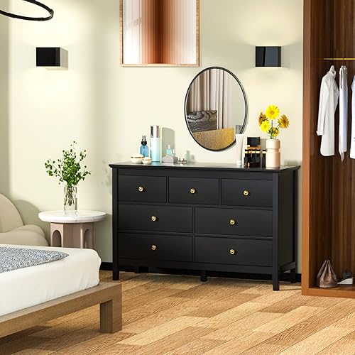 Miniatura 4 de CARPETNAL Cómoda negra para dormitorio cómoda de 7 cajones con cajón ancho y asas de metal cómoda de madera y cómoda para pasillo entrada
