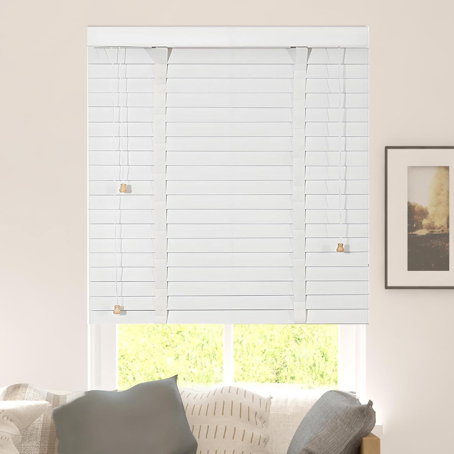 Cordless Light Filtering Wood Blinds, Faux 2" Wood Slats, 22" 24" 26" 28" 30" 32" 34" 36" 38" 40" Wide Window Horizontal Venetian Blind Darkening Shades for Home and Office, Interior(White)