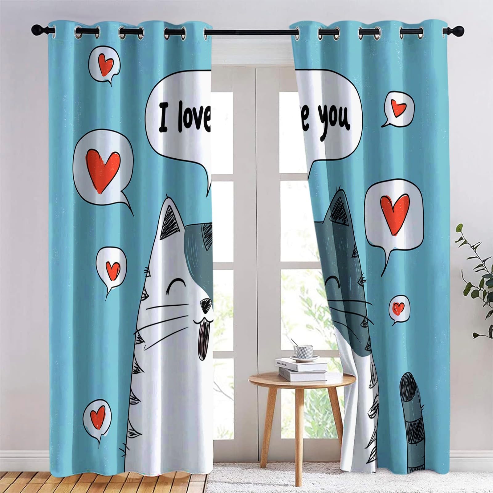 Generisch Tiere Katzen Text 2er Set Verdunkelungsvorhänge mit Ösen, Cartoon-Stil Blickdicht Thermo Isoliert Vorhänge für Wohnzimmer & Schlafzimmer, HxB 215 x 110 cm