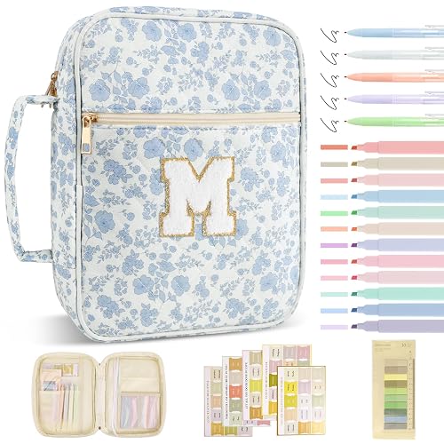 Personalized Initial Bible Cover Case for Women Girls Kid - Large Quilted Bible Case with Handle, Stylish Chenille Letter Bag Study Supplies, Perfect Christmas Gifts for Christians (Blue Flower-M)