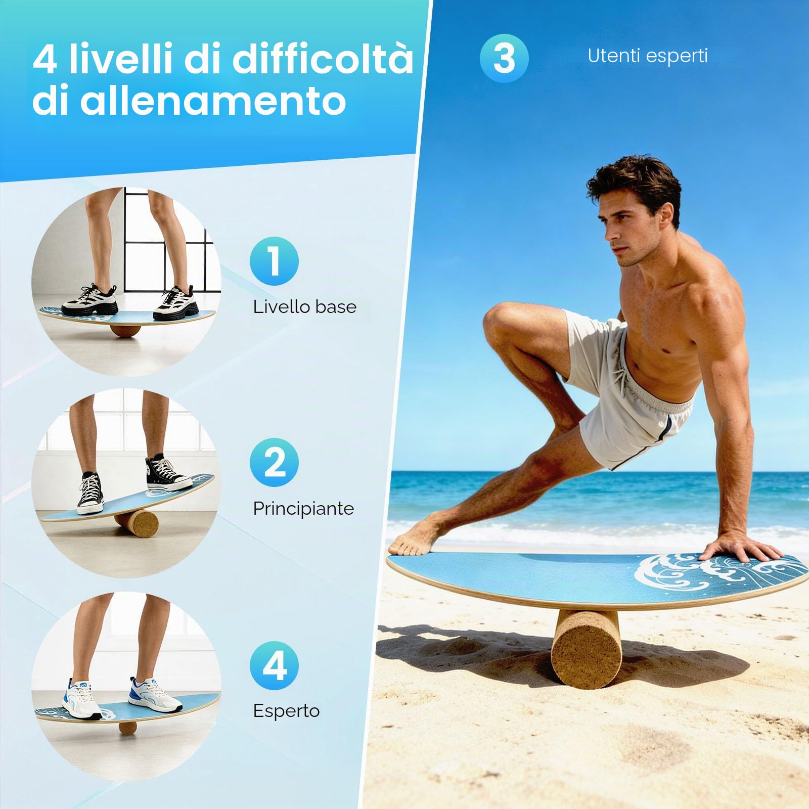 Tavola Di Equilibrio 3 In 1 Per Adulti,Con Rullo E Sfera Di Sughero,Superficie Antiscivolo E Silenziosa,Balance Board Ideale Per Surfisti E Snowboarder,Portata Massima 200 Kg
