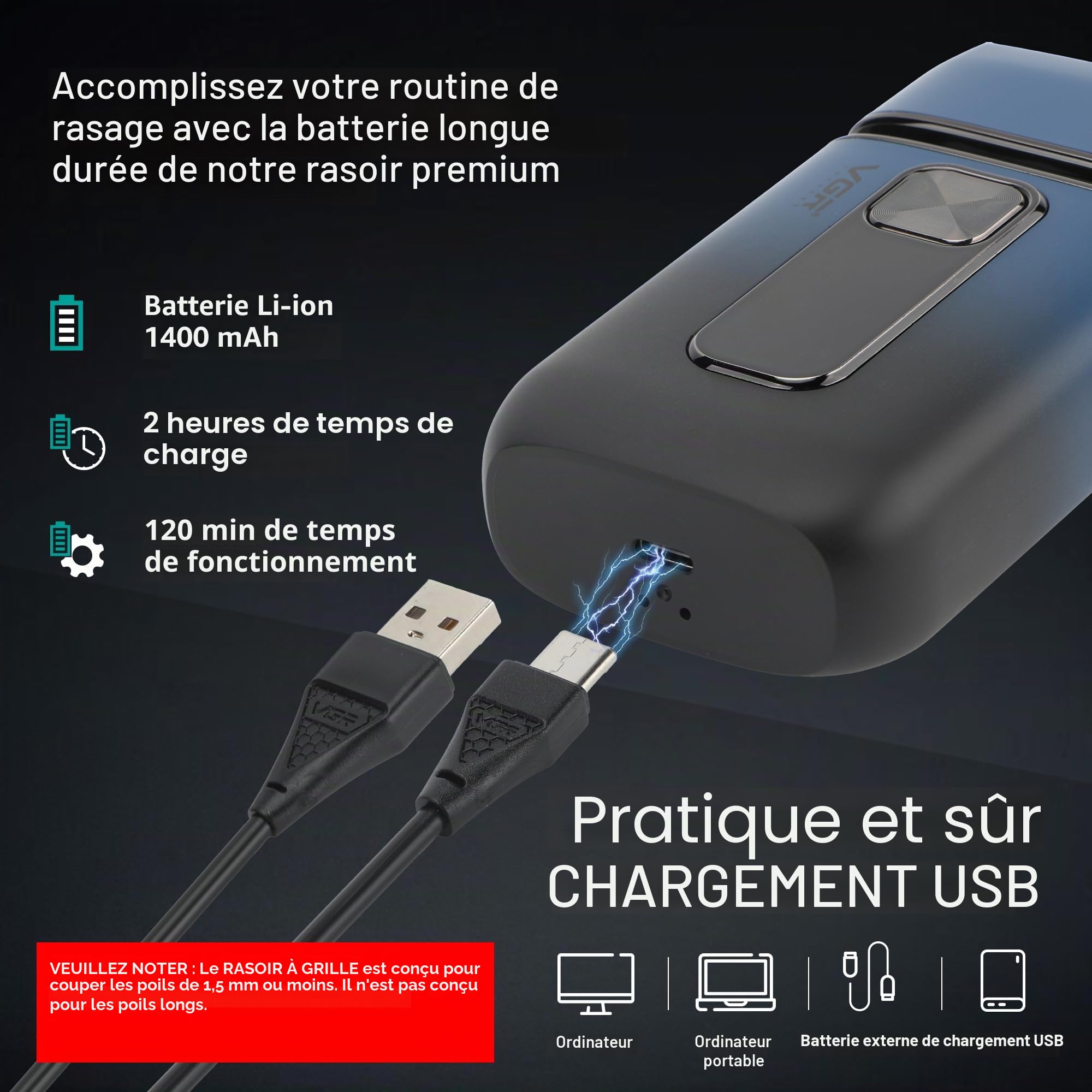 VGR Rasoir électrique pour homme – 7500 tr/min – Tondeuse pop-up – Batterie rechargeable USB-C de 120 minutes – Rasoir sans fil pour homme – Rasoir sans fil pour homme, visage, cheveux, barbe, cou