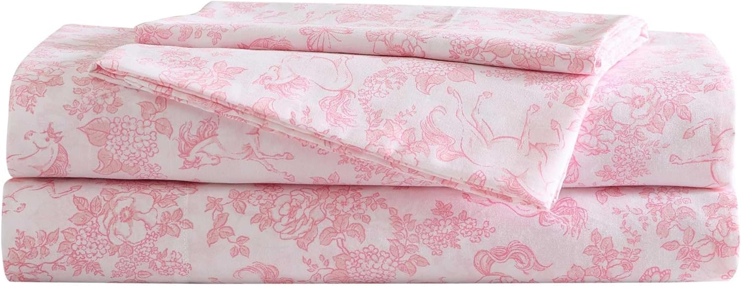 Laura Ashley Kids - Full Sheet Set, Soft & Wrinkle-Resistant Toddler Bedding Set, Deep Pockets, Girl Bed Sheets with Matching Fitted Sheet & Pillowcases (Toile Unicorn Pink)