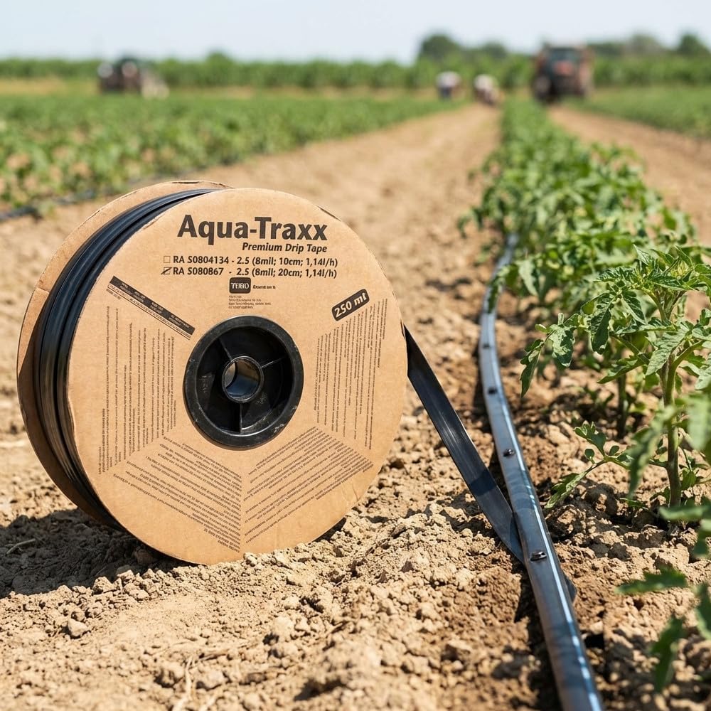 Suinga Cinta de Riego por Goteo 16mm Plana | Rollo de 250 metros | Goteros integrados a 20 cm | Ideal para Cultivos en Hilera, Huertos y agricultura | Sistema de Riego Eficiente