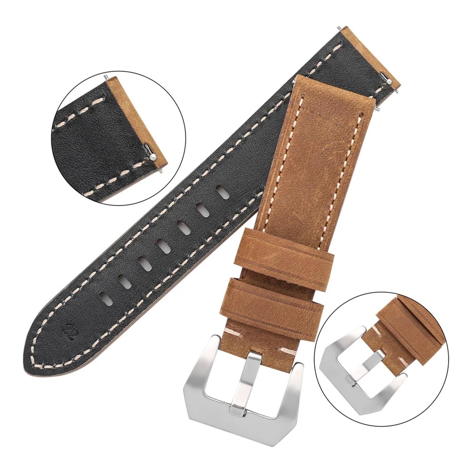 YINGO Bracelets de montre en cuir for hommes, bracelets de rechange en cuir de vache