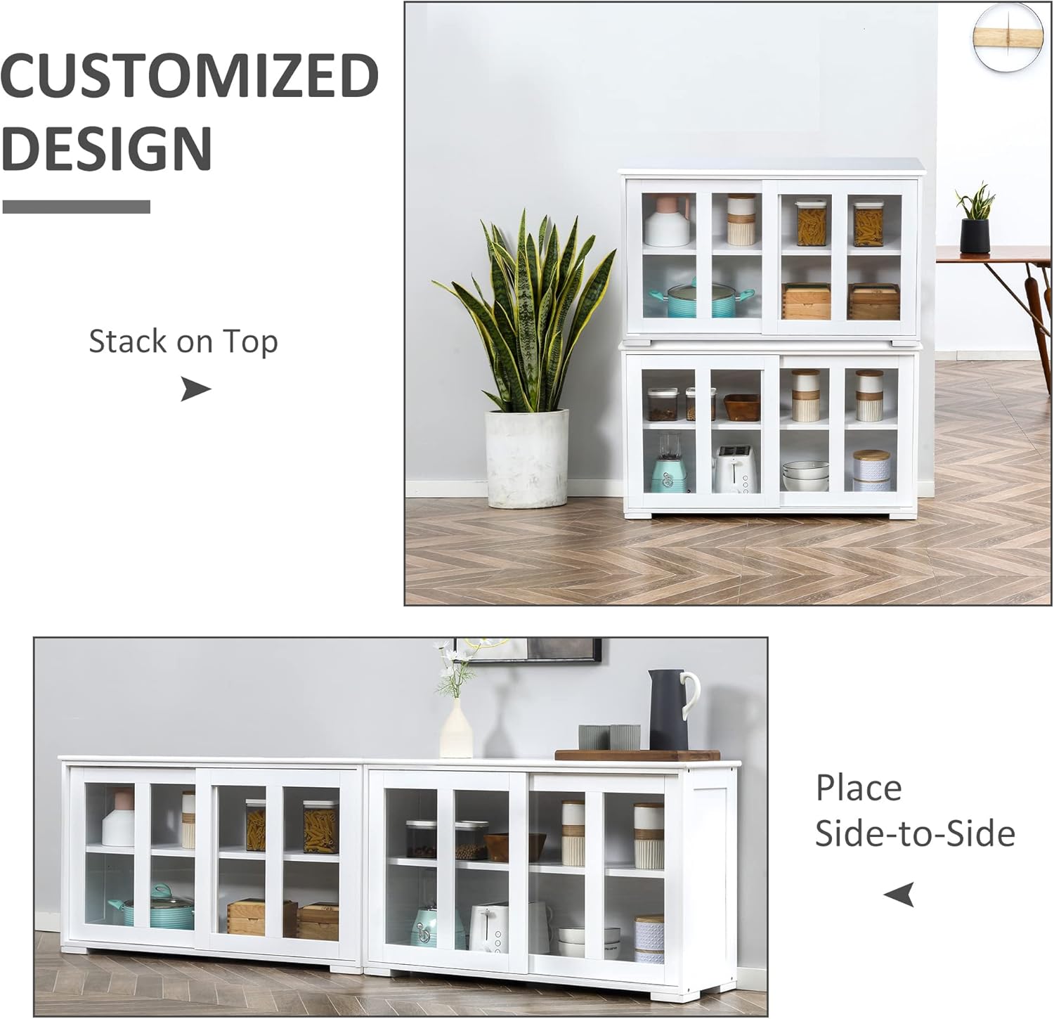 Diagram showing two HOMCOM cabinets stacked vertically and two placed side-by-side, illustrating customized design options.