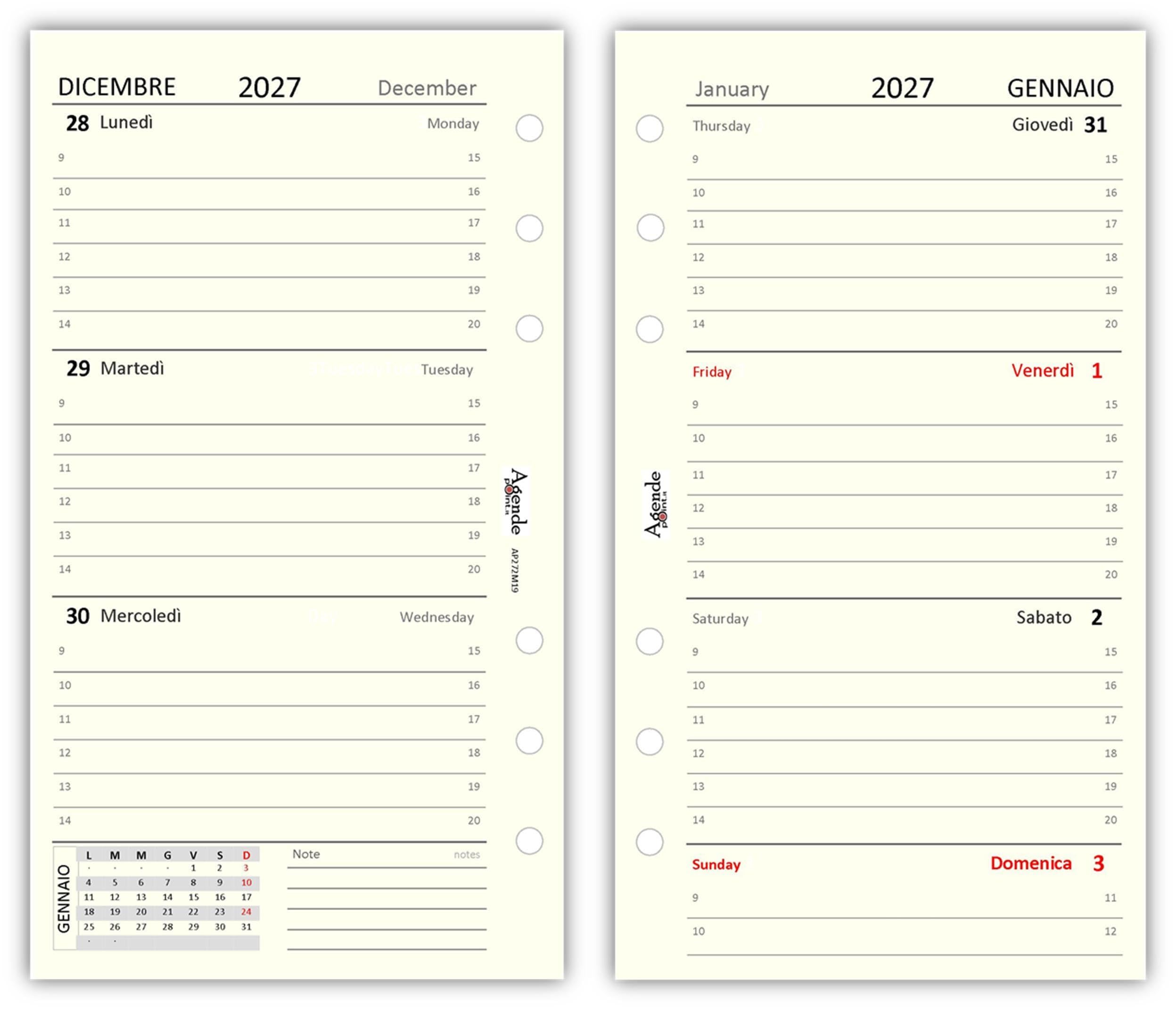 Ricambio Agenda Organizer Settimanale 2027, Bilingue, 9,5x17cm, 90gr, Avorio