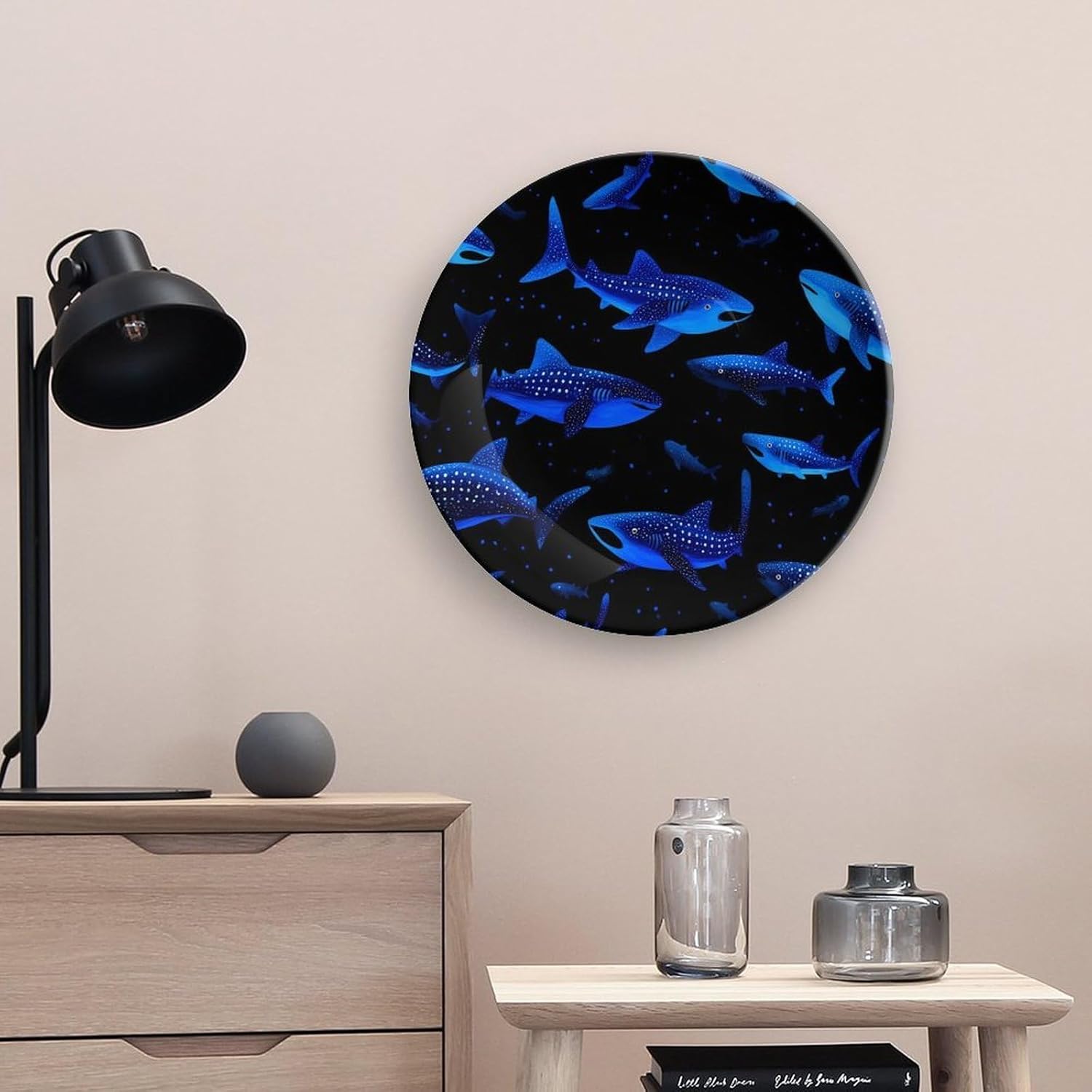 Shark Whale Blue Printed Decorative Plate with Display Stand Handmade Ceramic Ornament Hanging Wall Decor for Foyer Home Office