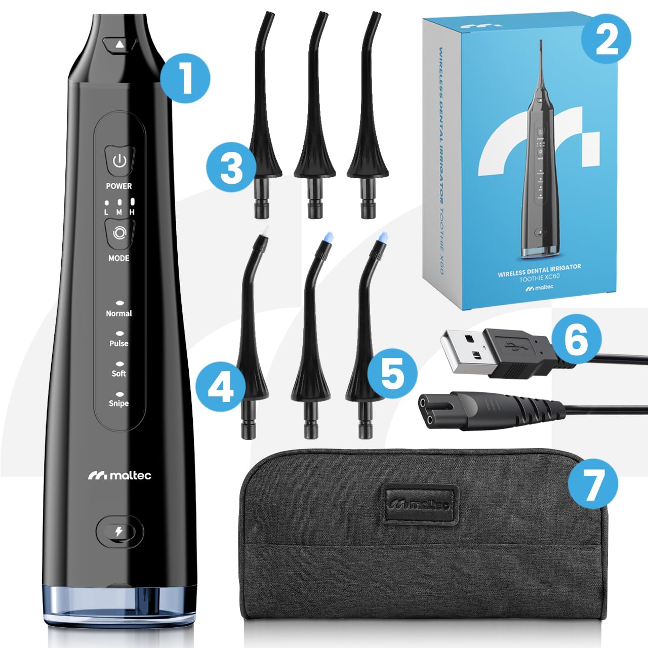 MalTec Irrigador dental eléctrico Toothie X60 150PSI batería 2600 mAh 4 modos de funcionamiento inalámbrico negro bolsa de viaje