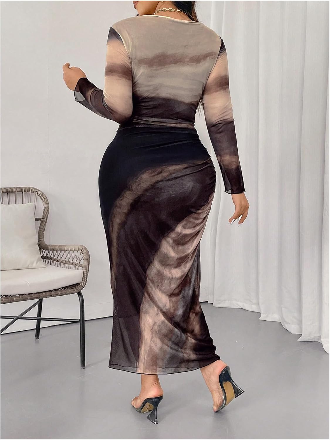 Floerns Women's Plus Size Tie Dye Long Sleeve Mesh Party Bodycon Long Dress - Image 2