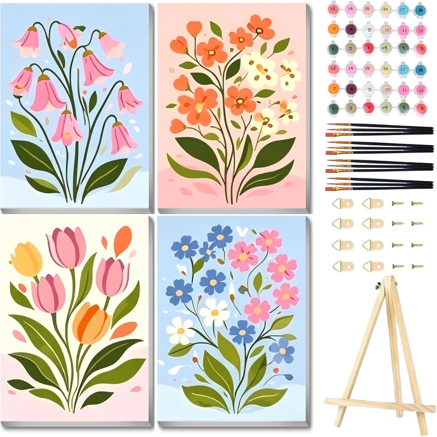 4 Pack Easy Flowers Framed Paint by Numbers Kit for Adults, 10x12 inch