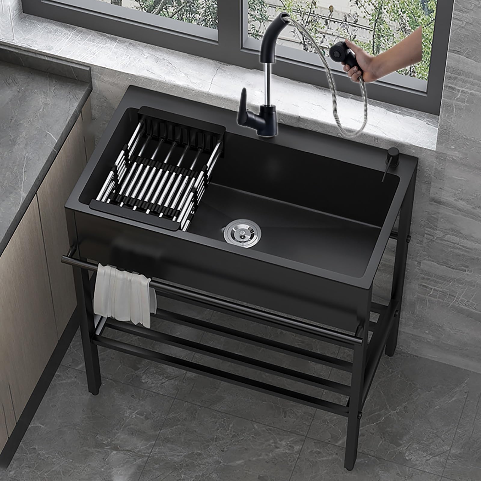 ZQFHSX Commercial Restaurant Sink Set w/Faucet & Drainboard, Outdoor Utility Stainless Steel Freestanding for Garage Kitchen