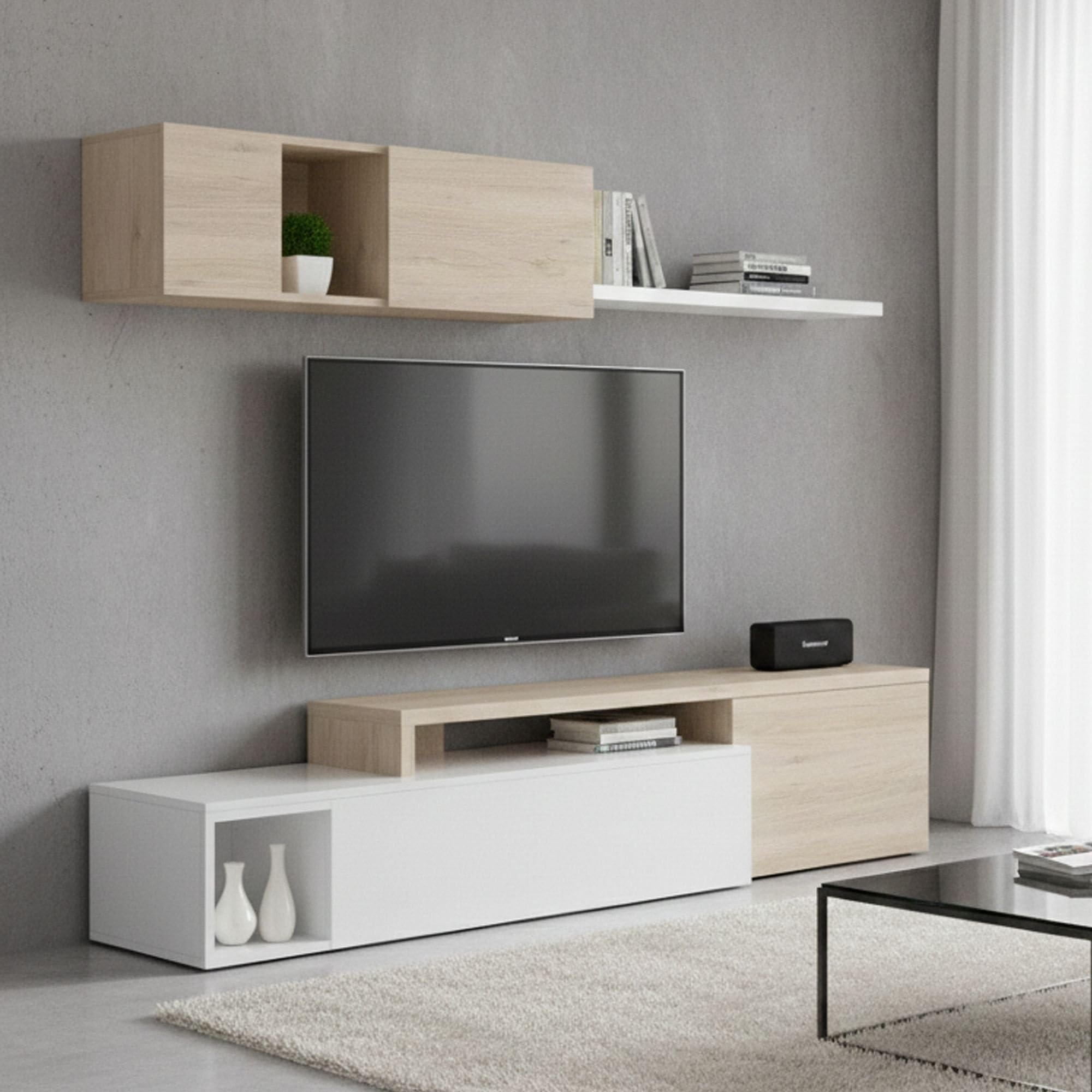 Dmora Parete Attrezzata Baker 41x201x180h cm Bianco Lucido 6 Ripiani Modulabile, 6 Vani