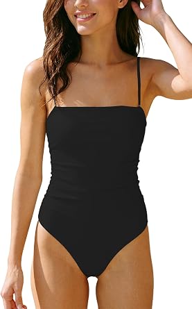 Womens Sexy Ruched Bandeau One Piece Swimsuit Bathing Suit Slimming Swimwear for Long Torso, Cheeky Coverage