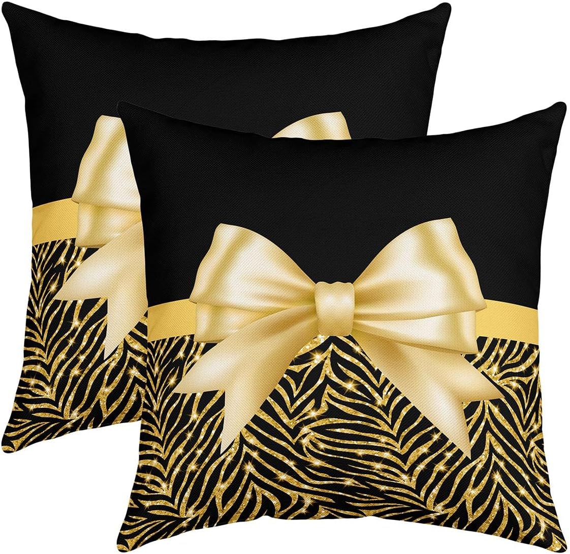 Golden Glitter Print Throw Pillow Covers 24"x24" Set of 2 Golden Bowknot Decor Pastel Print Throw Pillow Covers Black Decorative Pillow Case Pillowcase for Sofa Couch Bed Chair Car(No Glitter)