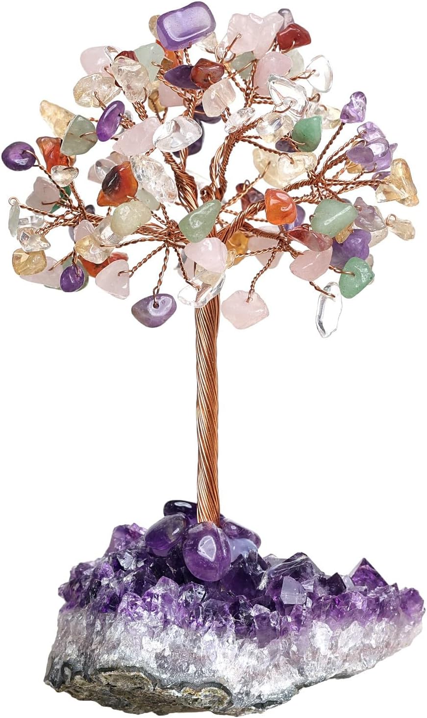 Sportmusies Natural Crystal Copper Tree with Amethyst Cluster Base, Artificial Fengshui Stone Tree Decoration Home Office Desk, Amethyst