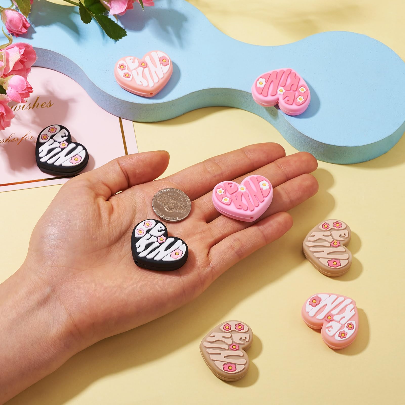 Spritewelry 8Pcs Heart Silicone Beads Sweet Love Silicone Focal Beads 26mm Pink Heart Rubber Beads with Flower Beaded Pen Beads for Bracelet Keychain Jewelry Making DIY Craft 4 Colors - Image 4