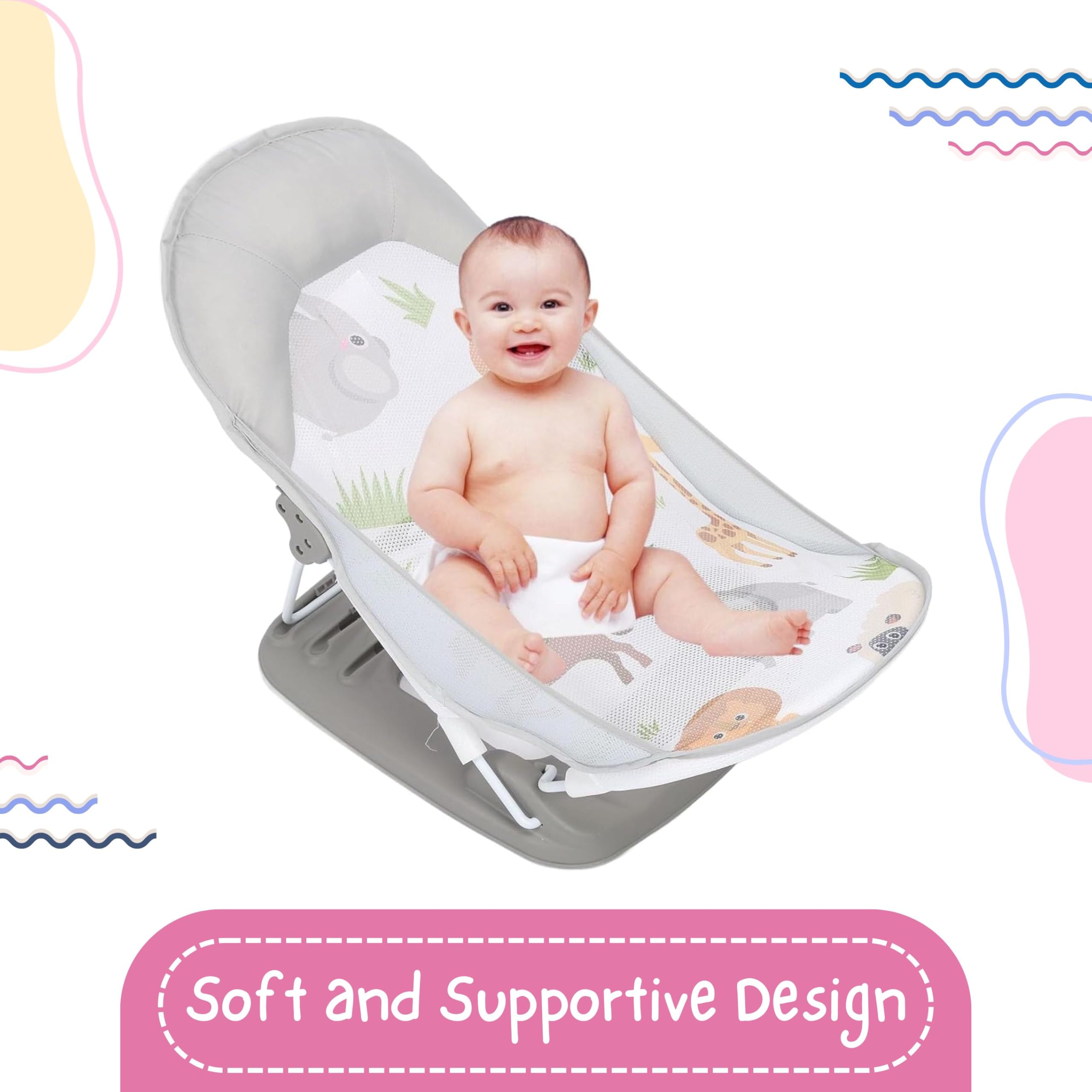 OBABY Newborn Baby Bather Foldable/Reclining/Quick Dry/Portable/Soft Cushion/Non-Slip 3 Position Adjustable, Printed and Colorful Infant Bather for Daily use. (0-18 Months) - Image 3 thumbnail