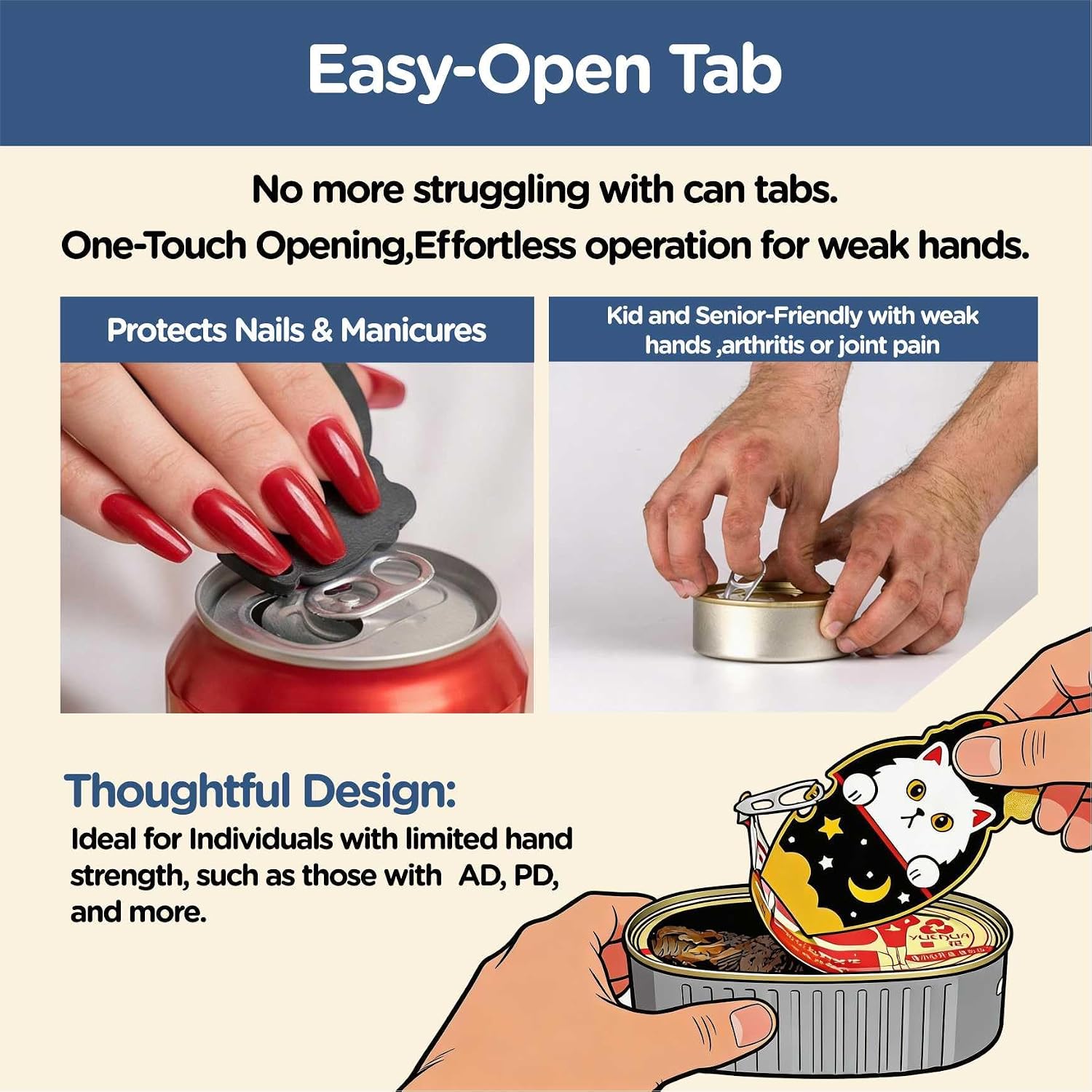 Ring Pull Can Opener for Soda Food Cat Cans Easy Open Tool for Weak Hands Arthritis Seniors Long Nails Magnetic Portable with Lanyard Dishwasher Safe Pink Kitty - 4