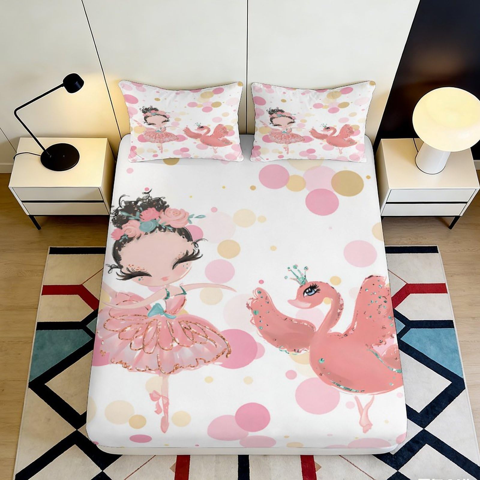 3D Printed Ballerina Swan Fitted Sheet Microfiber Non Slip Pink Cartoon Bed Cover for Bedroom Guest Room Mattress Decor 90x200x25cm
