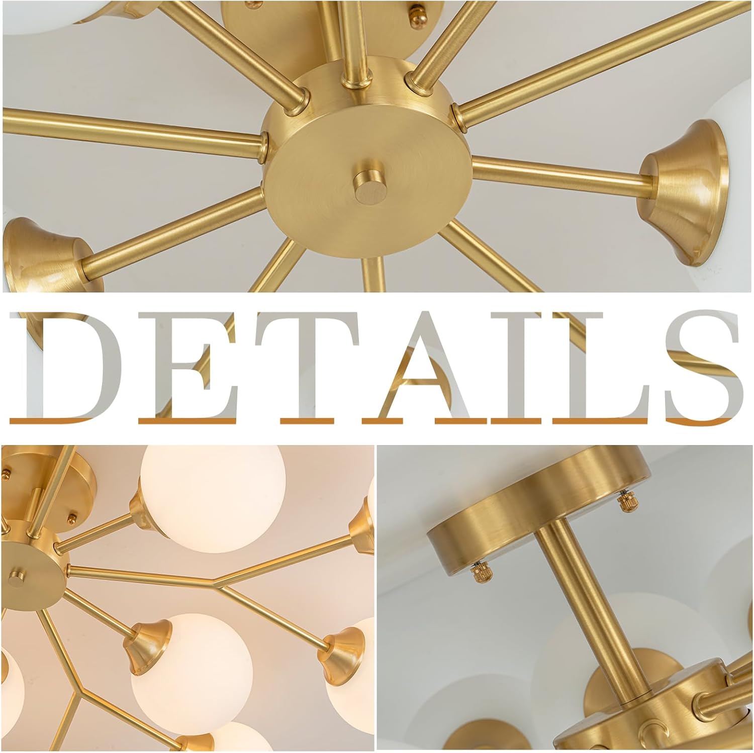38.5" Semi Flush Mount Ceiling Light, 15-Light Modern Gold Ceiling Light Fixture with Opal Glass Globe, Mid-Century Large Sputnik Chandelier for Living Room Dining Room Hallway