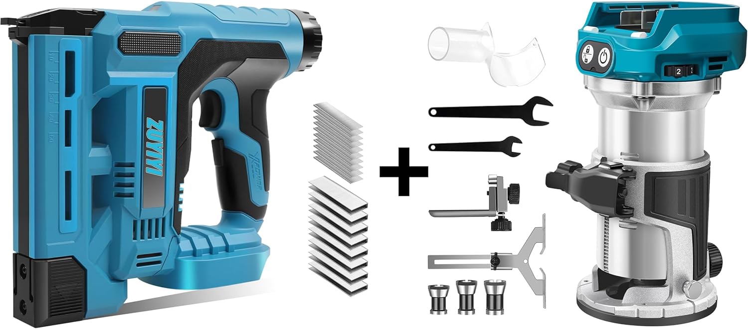 18GA 2-in-1 Cordless Brad Nailer/Electric Stapler + Cordless Compact Wood Router 1/4" Collet 28000RPM 6-Speeds (Bare Tool)