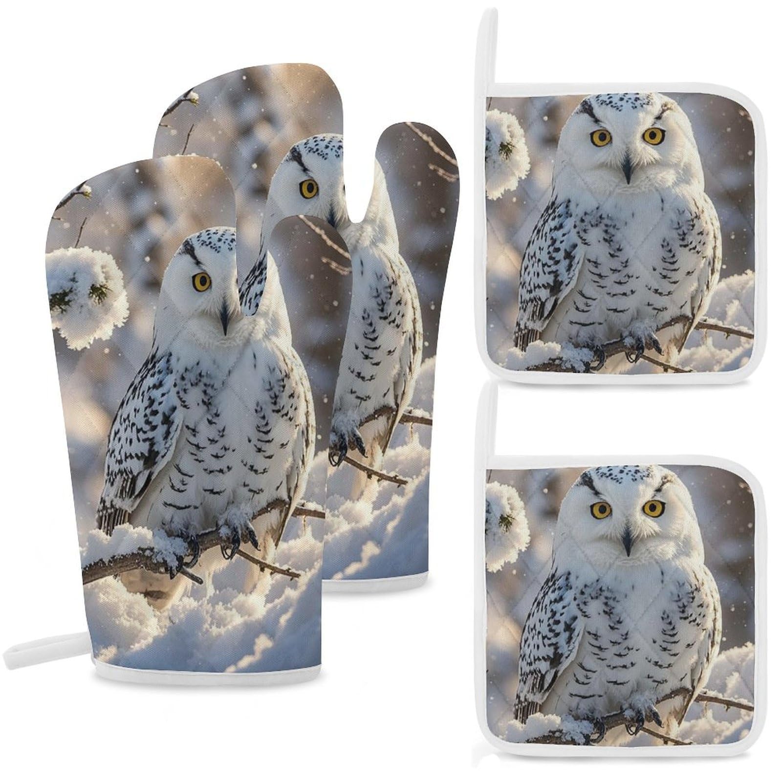 Gants de cuisine et maniques hibou blanc (lot de 4) anti-chaleur pour la pâtisserie