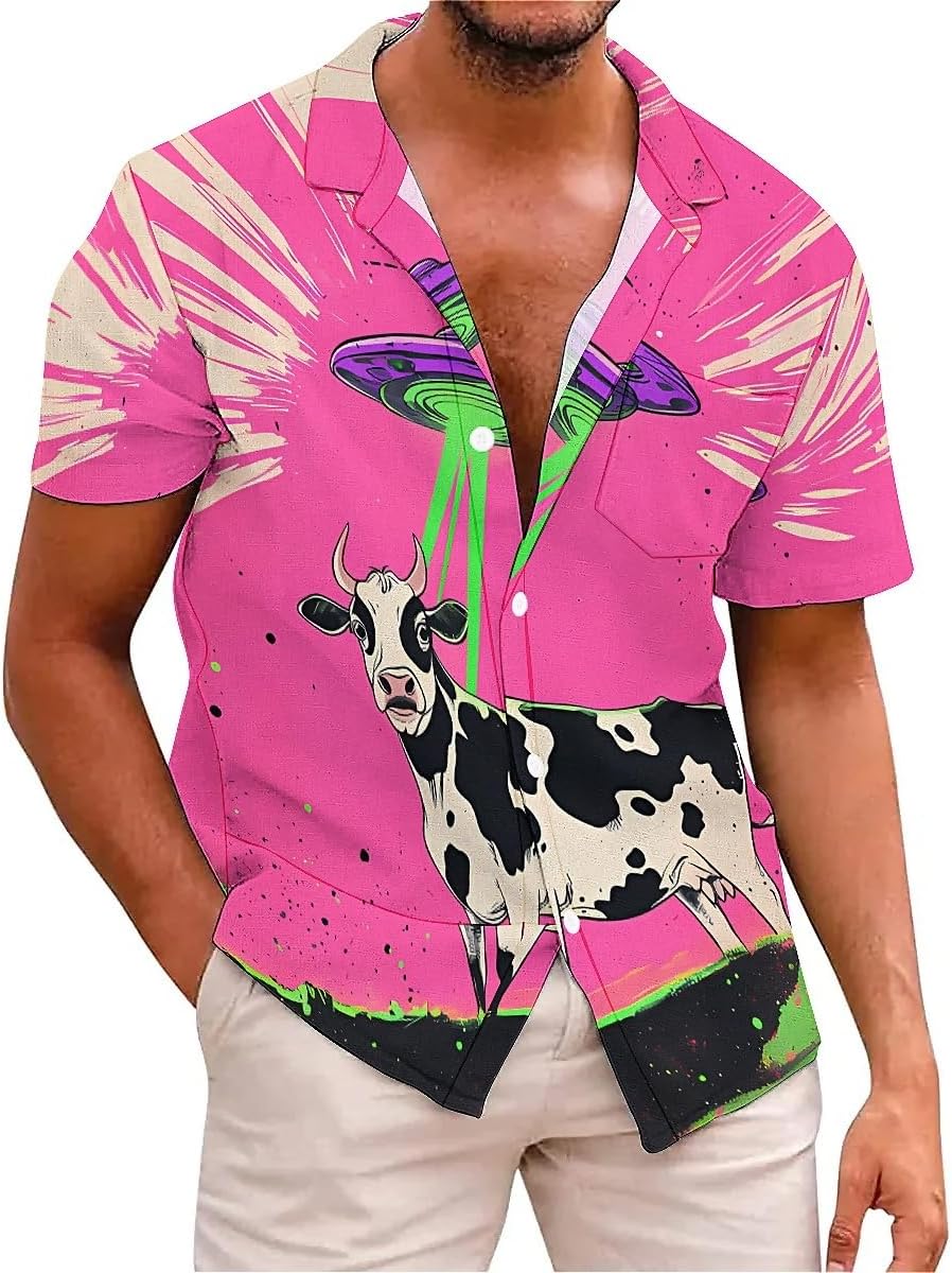Men's Hawaiian Oversize Shirt -Spaceship Alien Cow Print Short Sleeve Shirt | Casual Vacation Resort Wear | S-4XL Plus Sizes