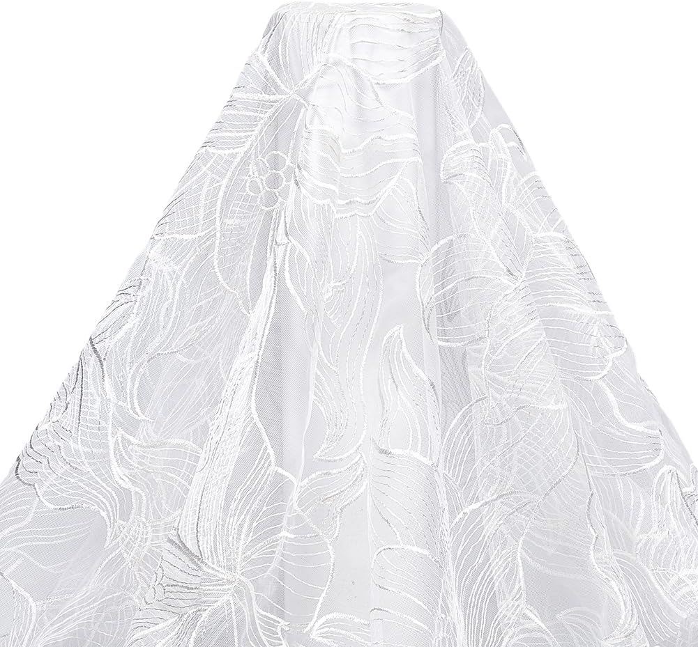 MAYJOYDIY 2 Yard White Floral Vine Embroidery Lace Fabric 67.7inch Flower Polyester Embroidered Net Tulle Mesh Branch Leaves Wedding Lace for Dress Decor DIY Clothing Project