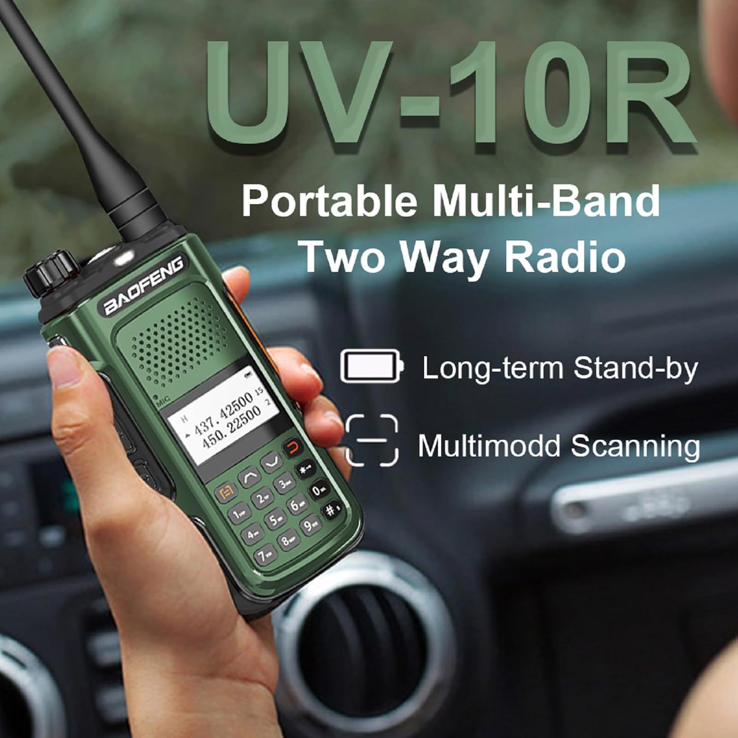 BAOFENG UV-10R Two Way Radio highlighting long-term stand-by and multimode scanning features.