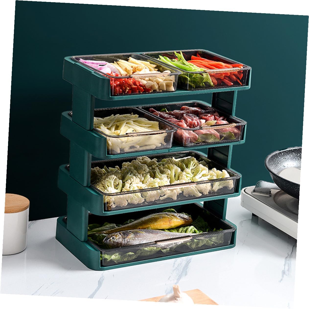 Three-Layer Kitchen Storage Stand Vegetable Tray Holder with Drainage Rack, Detachable Multi-Layers Condiment Organizer for Hot Pot and Food Serving, Green