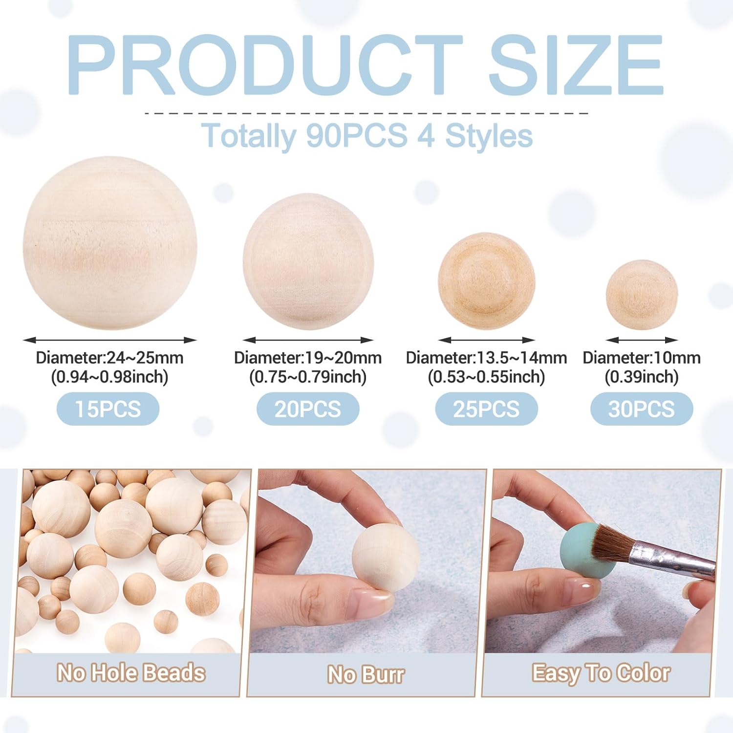 FASHEWELRY 90Pcs Natural Round Wood Beads Unfinished Wooden Loose Beads No Hole Spacer Beads for Jewelry Making