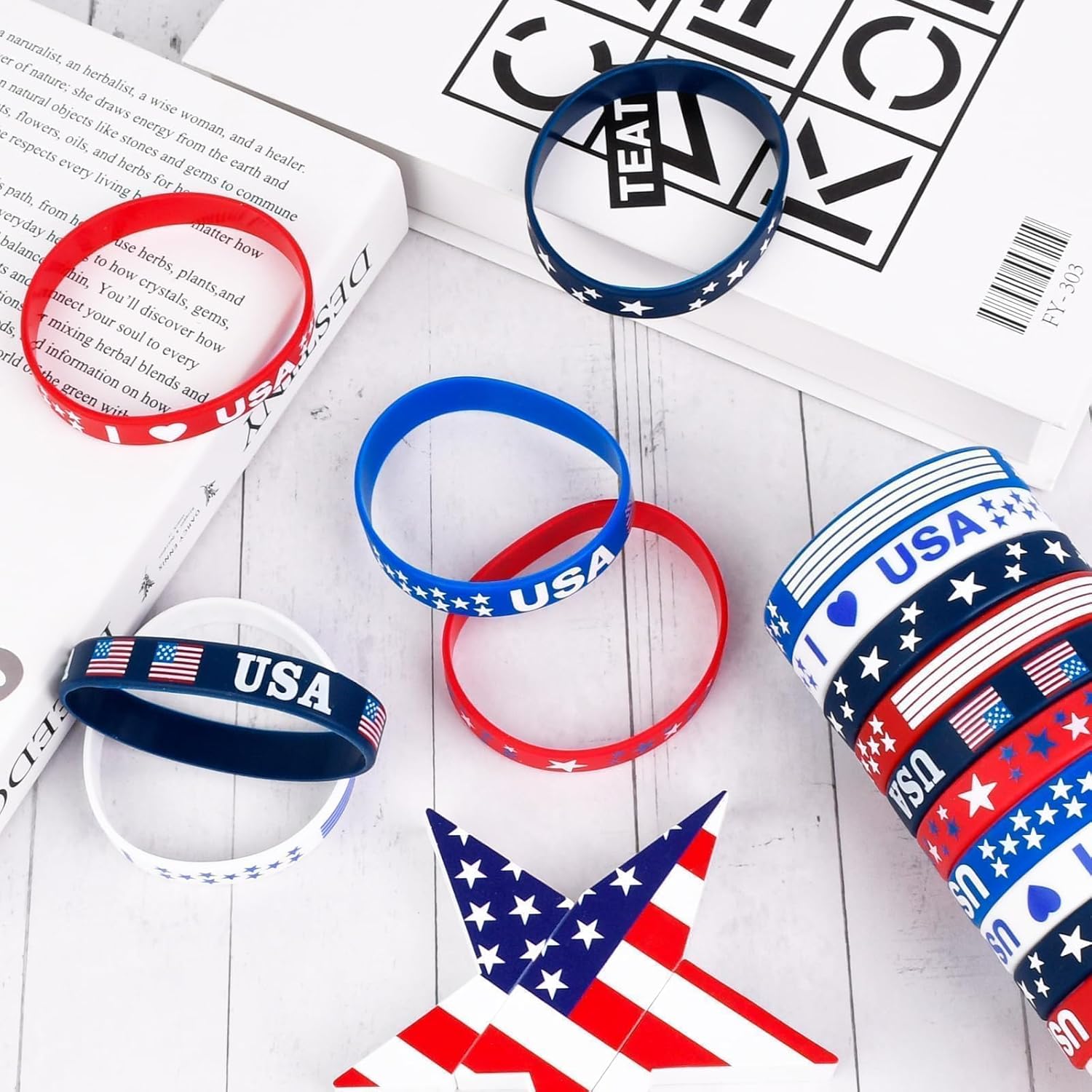 60PCS 4th of July Silicone Bracelets USA Flag Red White Blue Patriotic Wristbands for Independence Day, Memorial Day & Veterans Day, Bulk Party Favors