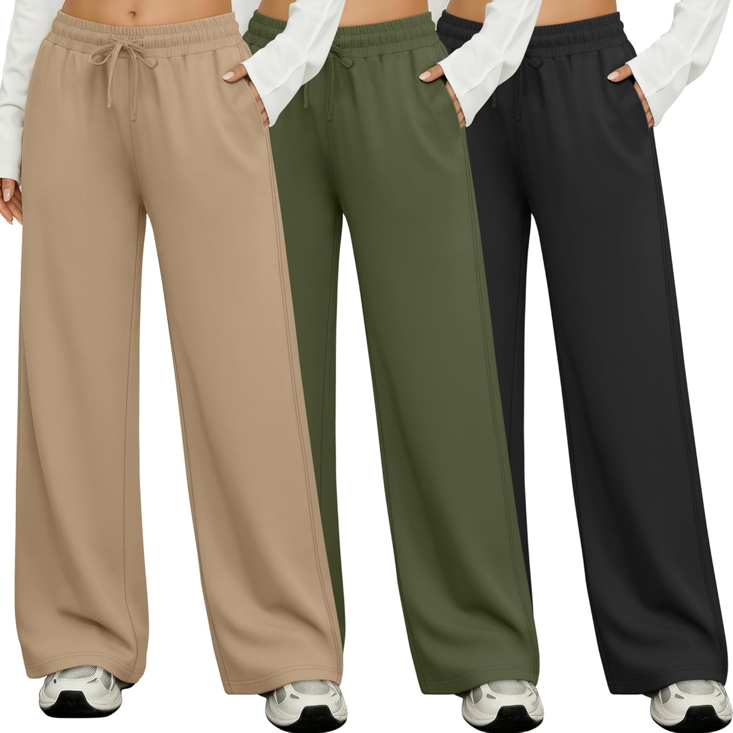 3 Pack Lounge Pants Women Wide Leg Baggy Sweatpants Casual Loose Drawstring Elastic Waist Yoga Pants with Pockets