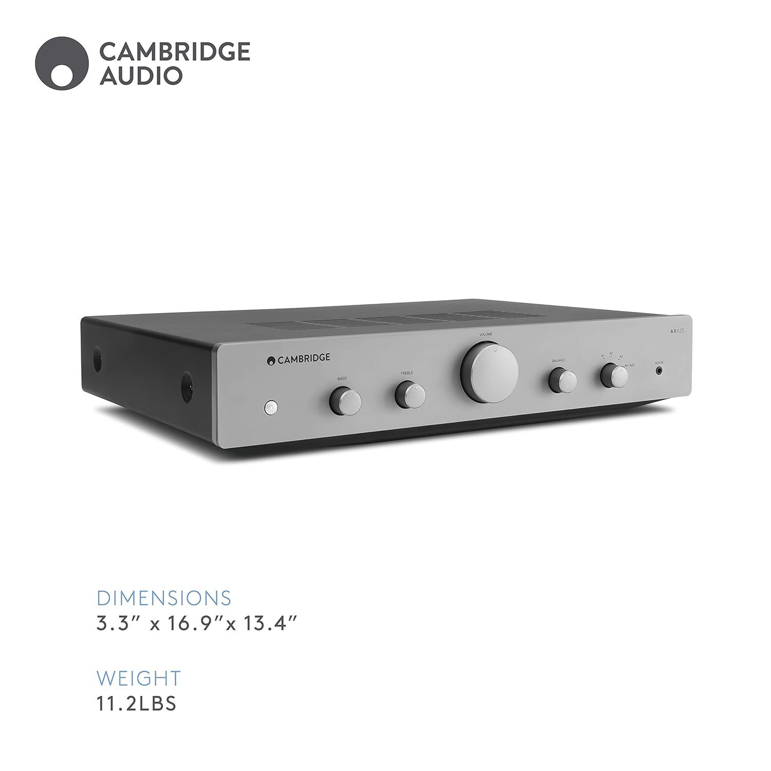 Cambridge Audio AXA25-25 Watt Separate Integrated Stereo Amplifier HiFi System Featuring Tone and Balance Control with Front Aux Input - Lunar Grey