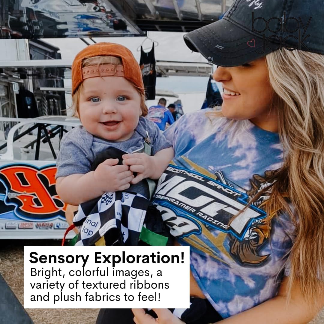 Baby Jack & Co 10x10” Racing Sports Lovey Sensory Plush Blanket - Tag Toy for Babies - Baby Stroller Toys - Learn Shapes, Letters & Colors - MVP Baby Tire Toy & Baby Sports Gift w/Stroller Clip