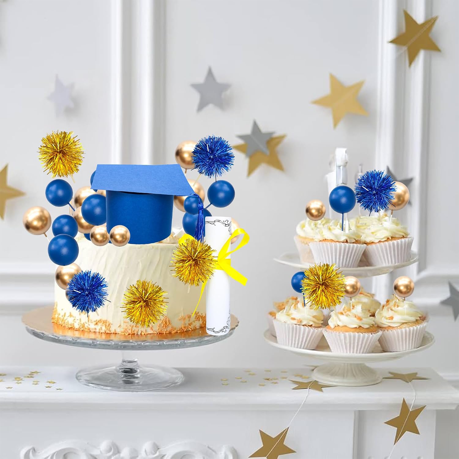 Ephlyn 42 Pack 2026 Graduation Cake Toppers Grad Cap Diploma Balls Tassel Firework Congrats Grad Cake Decorations for 2026 High School College Senior Graduation Supplies Blue Gold