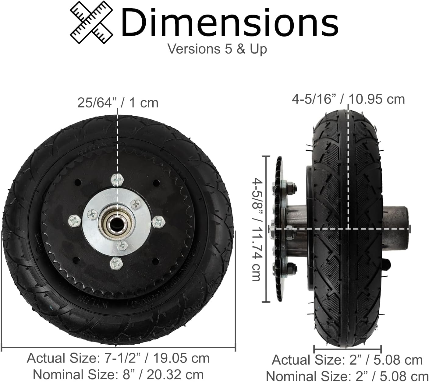 AlveyTech Front Wheel Assembly - Replacement Kit for the Razor Crazy Cart XL (V5+) 200x50 Pneumatic Tire, Tube, Rim, Sprocket, Chain Plate, Wheels for Electric Drift Kart, E-Scooter Accessories 1-Pack