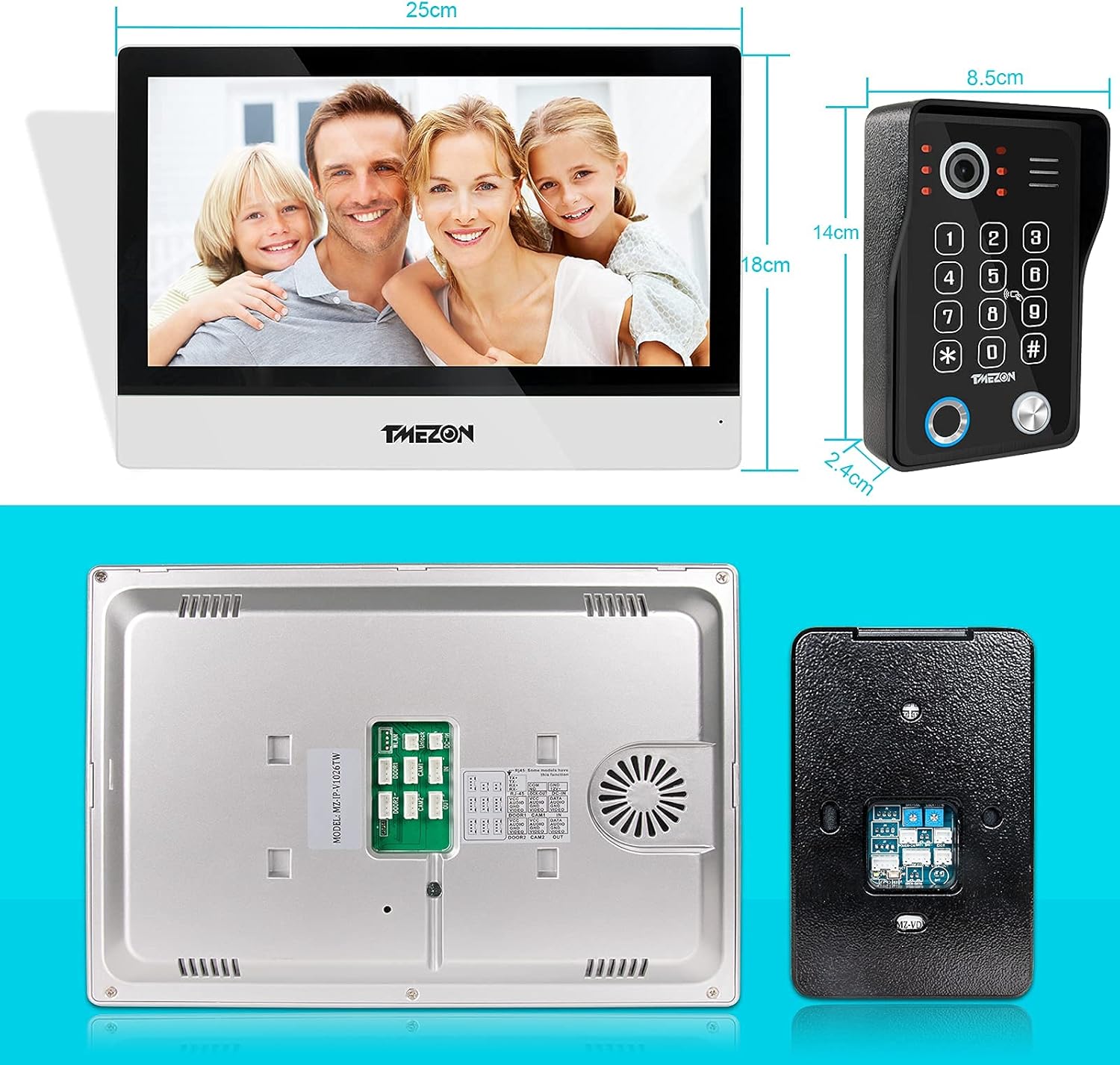 Diagram showing the dimensions of the 10-inch monitor (25cm width, 18cm height) and the outdoor door phone (8.5cm width, 14cm height, 2.4cm depth).