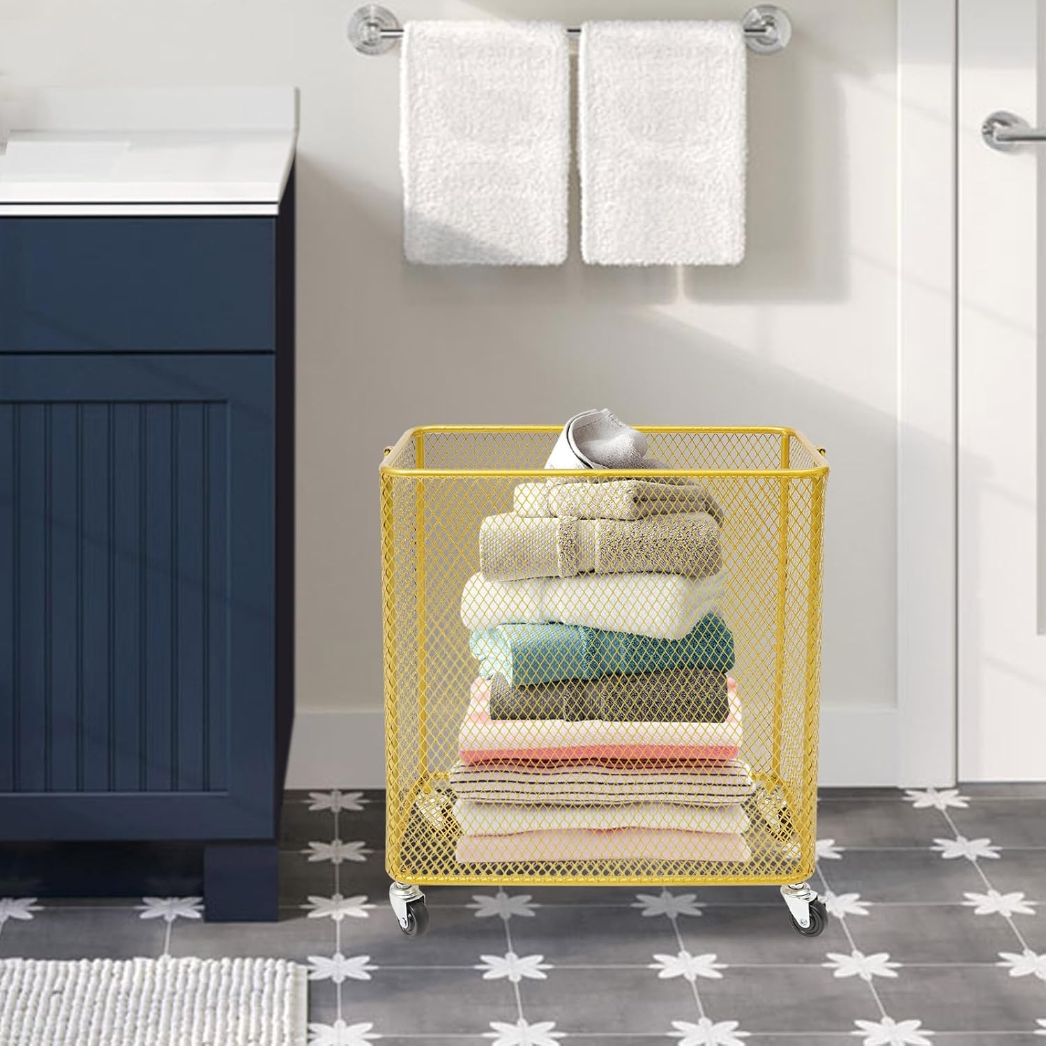 Rolling Laundry Basket with Wheels, Rectangular Laundry Storage Cart, Rolling Storage Hamper for Bedroom Balcony Bathroom, Gold