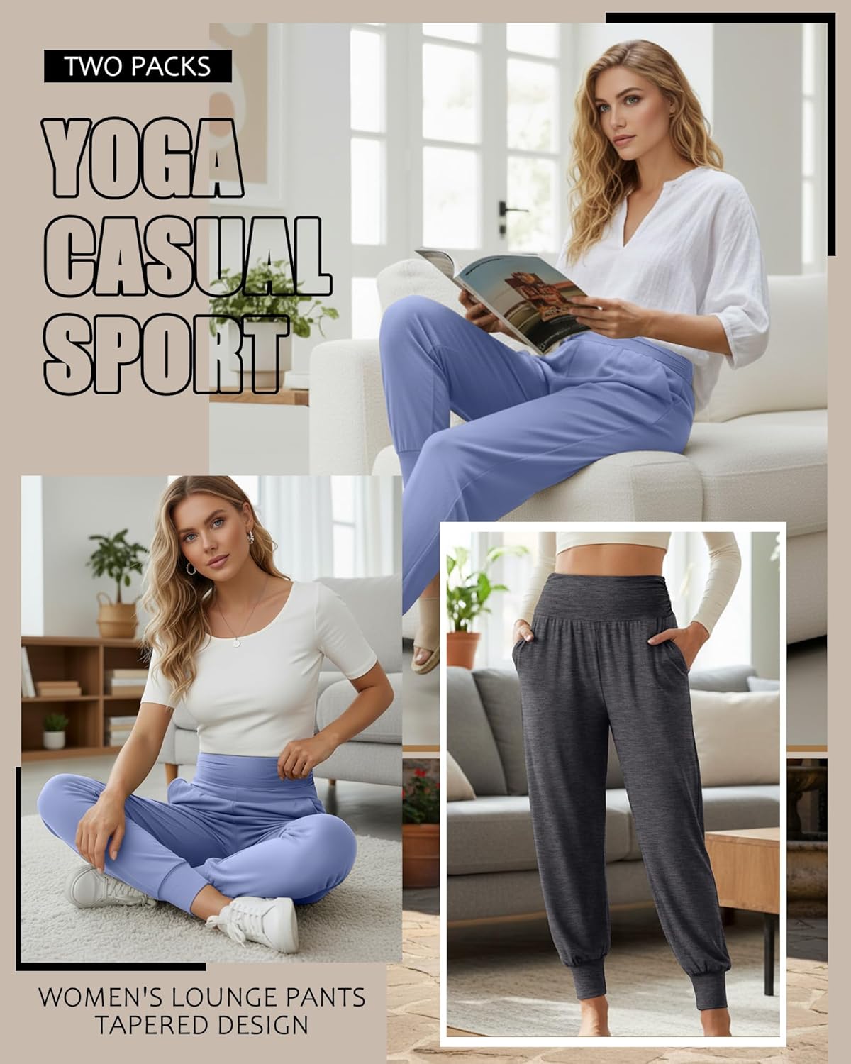 2 Pack Women's Yoga Joggers, Cozy Sweatpants with Pockets Casual Loose Comfy High Waisted Lounge Pants - Image 2
