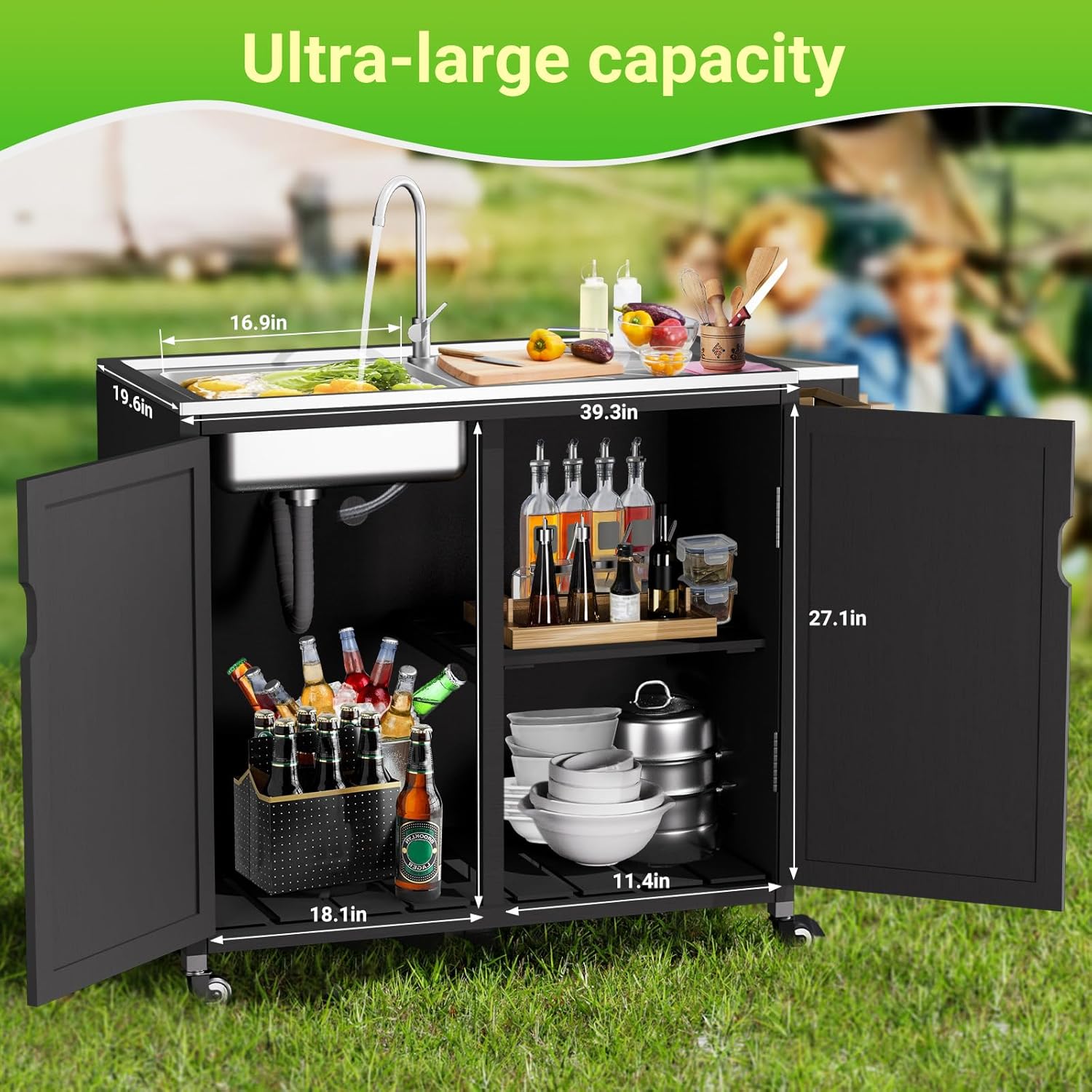 Outdoor Kitchen Island with 304 Stainless Steel Sink and Large Storage Cabinet,Wooden Grill Cart,40-Inch BBQ Prep Station with Sink & 360 Lockable Wheels for Patio, Backyard, Outdoor Party, Black