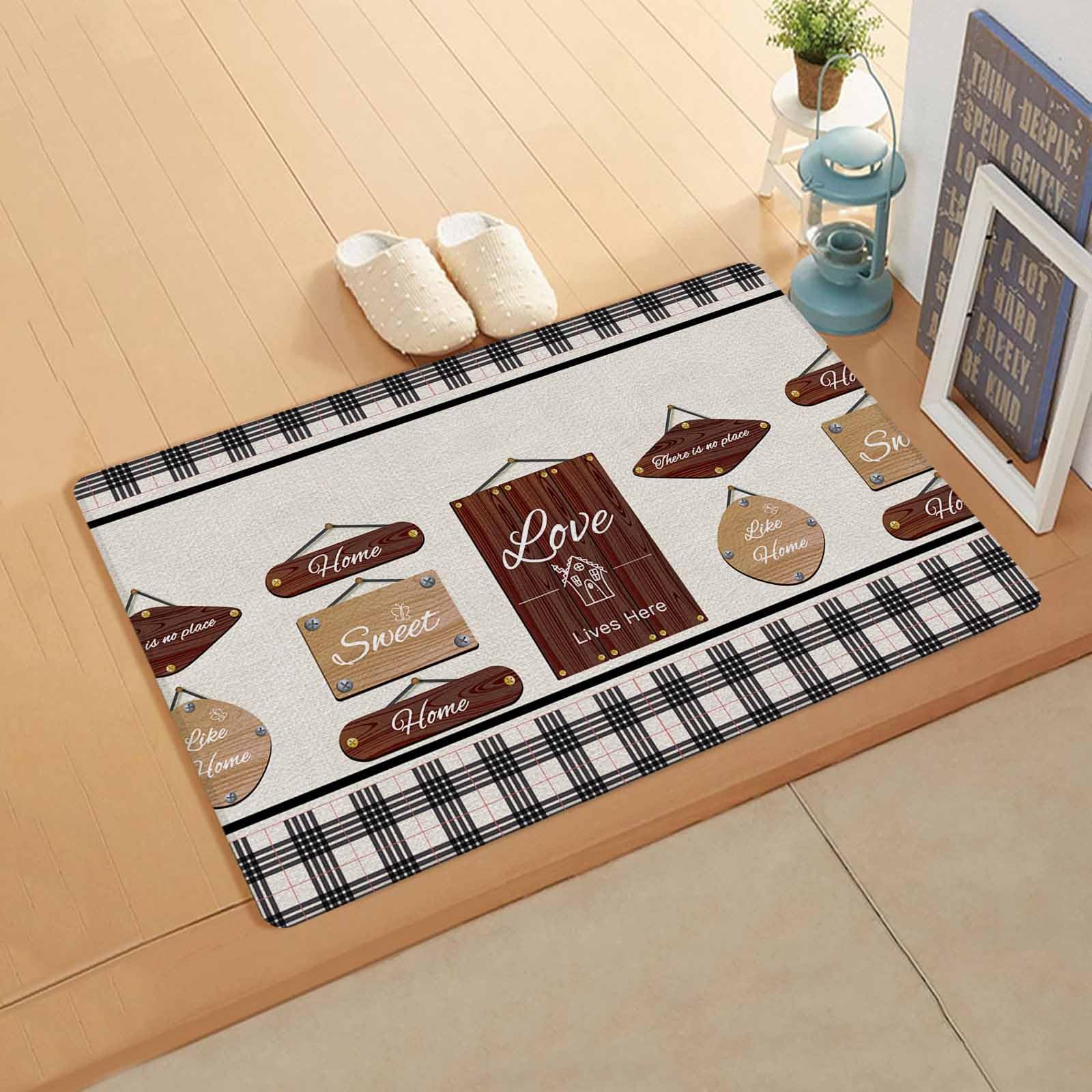 Buffalo Plaid Antifatigue Kitchen Bath Door Mat Cushioned Runner Rug,Washable Welcome Floor Sink Mat,Waterproof & Non-Slip Standing Doormat for Kitchen,Retro Brown Family Words Wooden Board 18