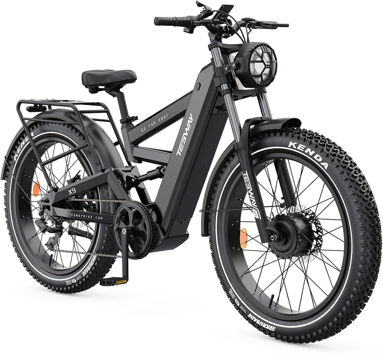 TESWAY X9 Dual Motor Ebike, 26" Fat Tire Full Suspension AWD Electric Bike for Adults, 4000W 40MPH 240NM, 48V 30Ah 120 Miles Long Rang (X9+Rear Rack+Fender+Light, Black)