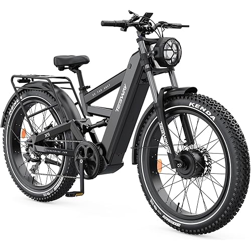 TESWAY X9 Dual Motor Ebike, 26" Fat Tire Full Suspension AWD Electric Bike for Adults, 4000W 40MPH 240NM, 48V 30Ah 120 Miles Long Rang (X9+Rear Rack+Fender+Light, Black)
