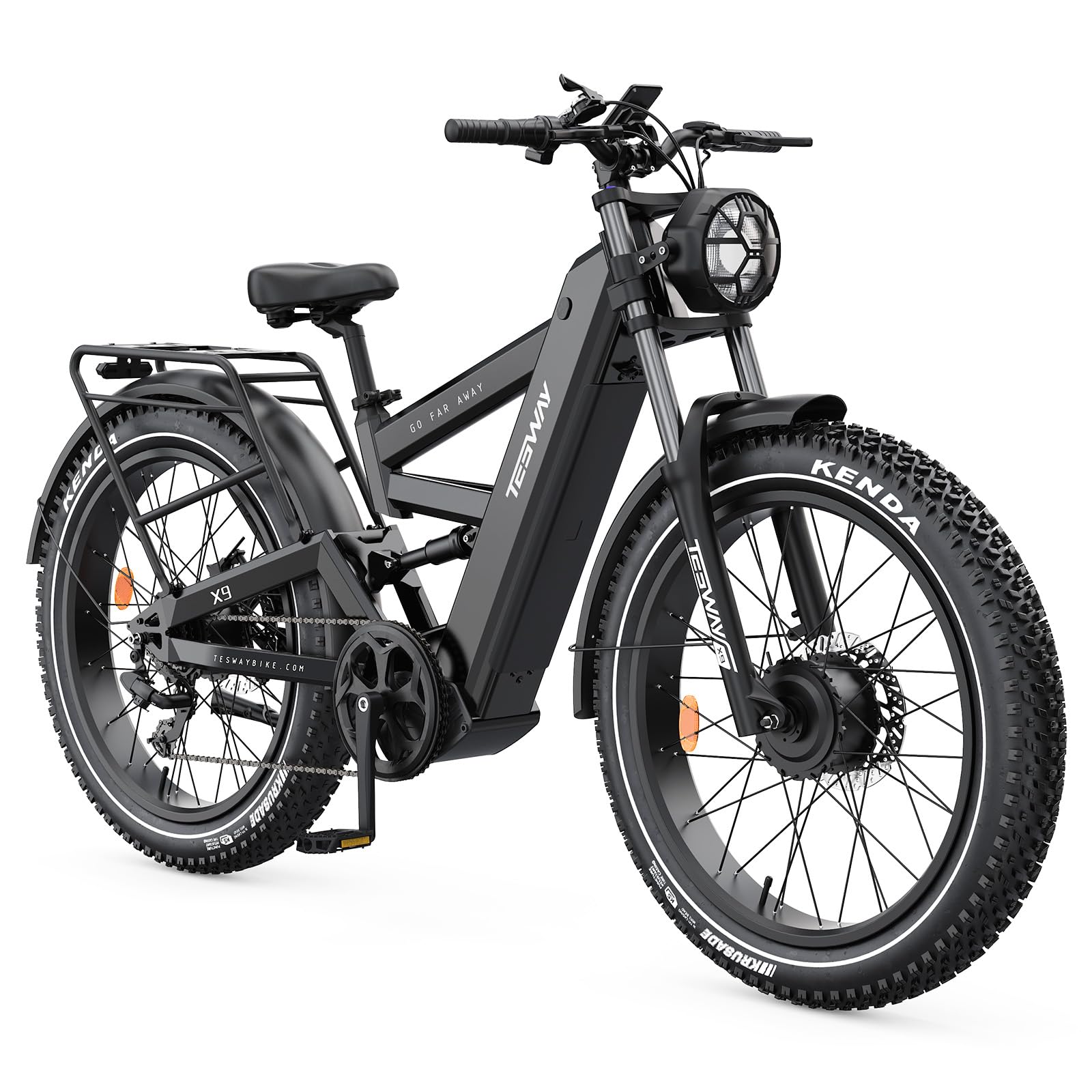 TESWAY X9 Dual Motor Ebike, 26" Fat Tire Full Suspension AWD Electric Bike for Adults, 4000W 40MPH 240NM, 48V 30Ah 120 Miles Long Rang (X9+Rear Rack+Fender+Light, Black)