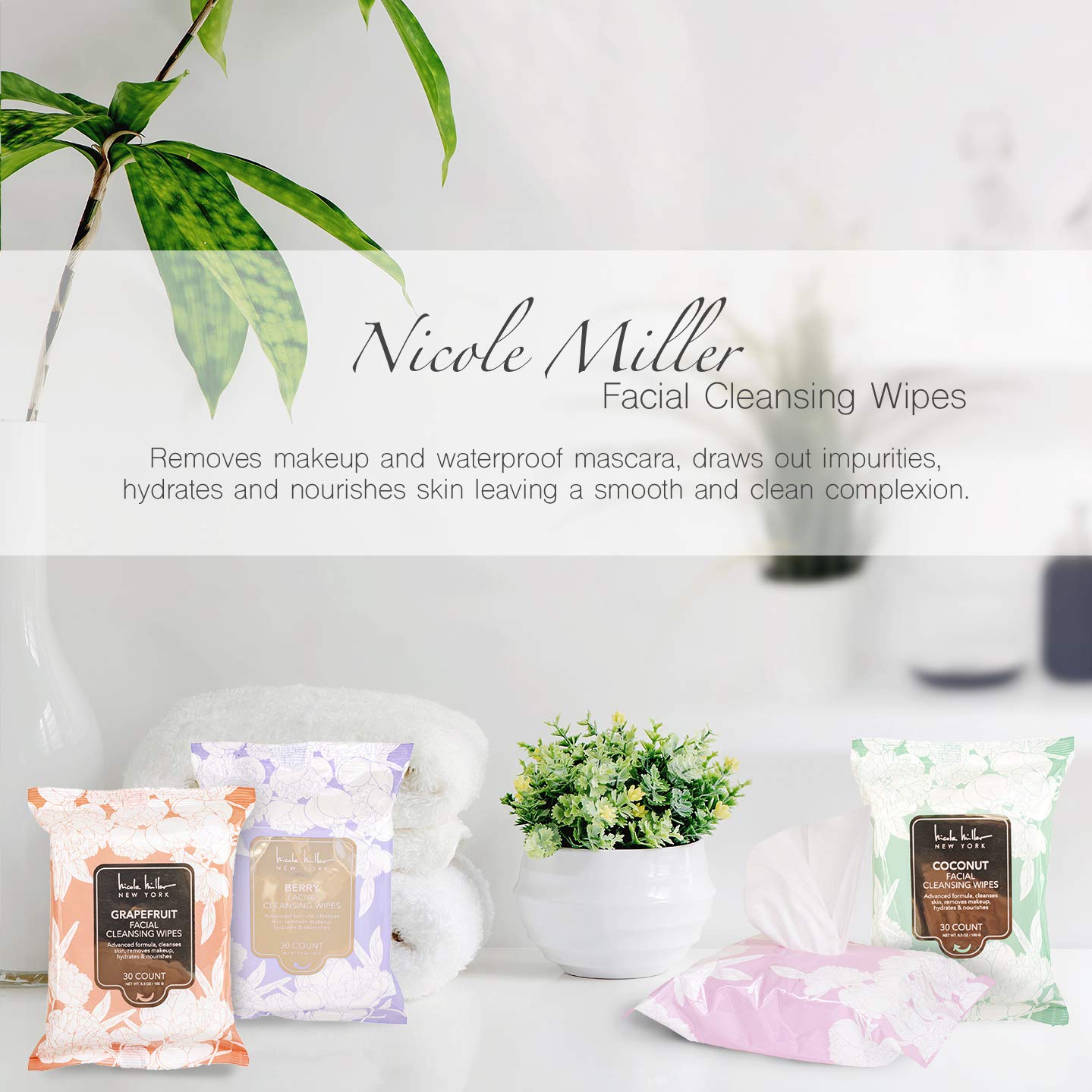 Nicole Miller 4 Pack Facial Wipes (30 Count Each) , 120 Facial Cleansing Cloths, Removes Makeup, Mascara, Dirt and Oil (Rose, Berry, Coconut, & Grapefruit) : Beauty & Personal Care
