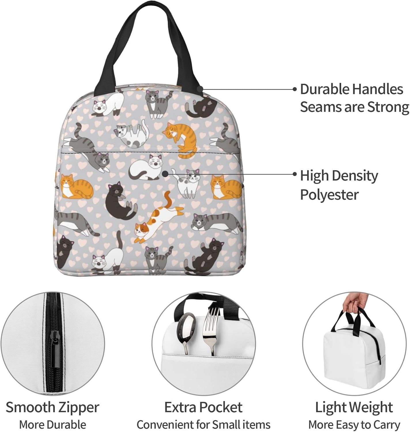 Cute Cat Kitten Kawaii Insulated Lunch Bag For Women Men Reusable Lunch Box Container Waterproof Portable Cooler Thermal Tote Bag For Work Office Picnic Beach Travel - Image 6