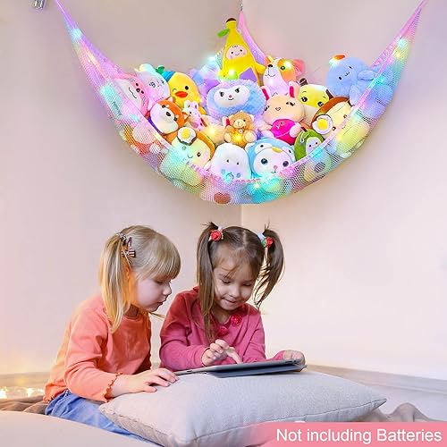 Miniatura 2 de BeBeJoJo Almacenamiento de animales de peluche con luz LED, decoración de habitación, hamaca, esquina para niños, organizador de almacenamiento de